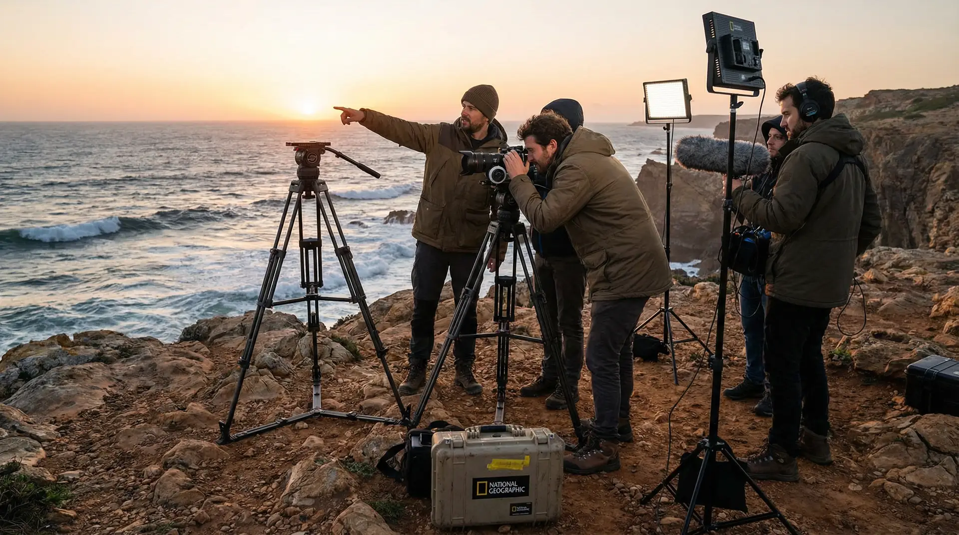 纪录片拍摄团队在海边协作工作